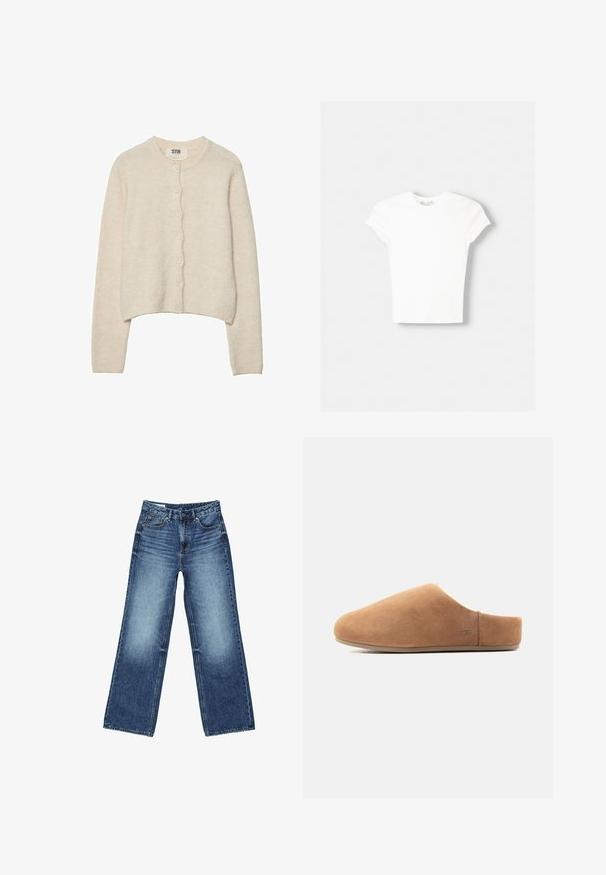 Cardigan beige clair en tissu doux, avec un col rond, des manches longues et une fermeture à boutons avant avec sept boutons.; T-shirt blanc à manches courtes en coton doux, avec un col rond et une coupe ajustée. Pas de motifs ni d'ornements visibles.; Jean en denim bleu avec une taille haute, une fermeture à boutons et glissière à l'avant, des poches avant et arrière, et un lavage légèrement délavé.; Chausson en suède beige à enfiler, avec bout fermé, talon ouvert, semelle plate et petit logo UGG sur le côté, montré de profil.