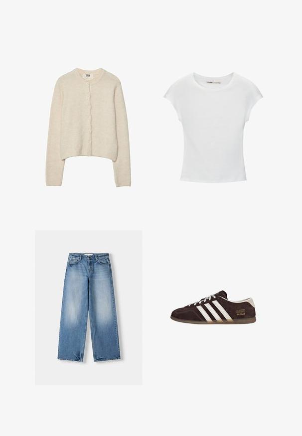 Cardigan beige clair en tissu doux, avec un col rond, des manches longues et une fermeture à boutons avant avec sept boutons.; T-shirt en coton blanc avec manches courtes retroussées, encolure ronde et ourlet droit. Texture lisse sans motifs ni accents visibles.; Jean bleu clair avec une coupe décontractée, jambe large et sections décolorées. Fabriqué en denim avec un design classique à cinq poches et une fermeture par bouton supérieur.; Baskets en suède marron avec trois bandes blanches, semelle en caoutchouc, et étiquette avec le texte "Gazelle" en or. Fermeture à lacets avec lacets gris.