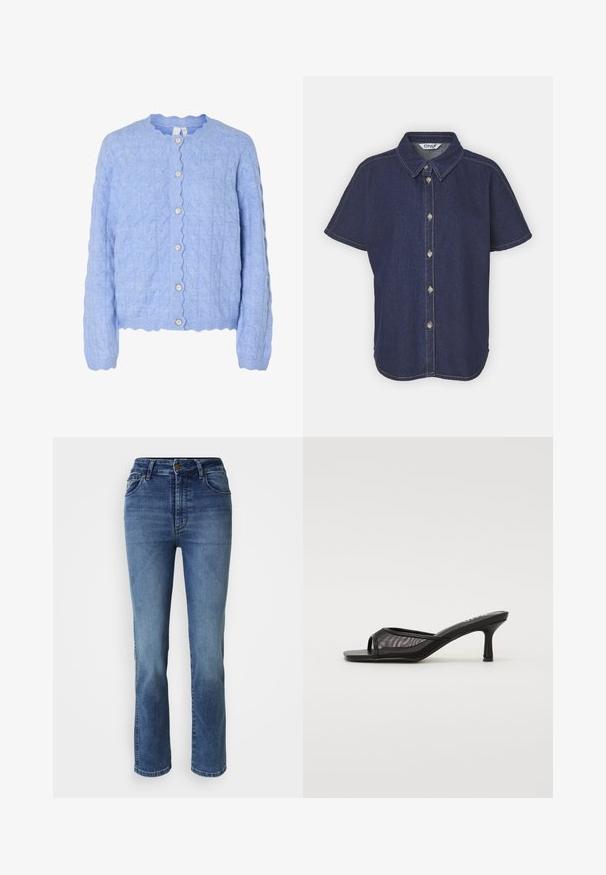 Cardigan de punto azul claro con un escote en forma de concha, que presenta un patrón de trenzas y cinco botones de aspecto perlado en la parte delantera.; Camisa de denim azul oscuro con botón frontal, manga corta, cuello puntiagudo y detalles de costura en contraste.; Vaqueros de mezclilla azul claro con diseño de pierna recta, cinco bolsillos y cintura alta. Presenta herrajes de tono dorado y una textura suave.; RAID TIANA - Zapatos de novia - black