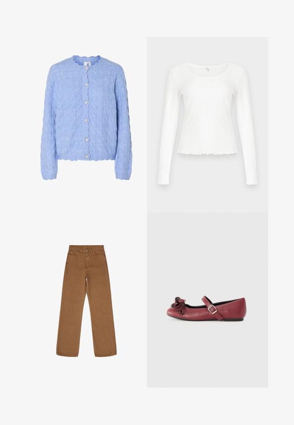 Lichtblauwe gebreide cardigan met een gegolfde halslijn, voorzien van een kabelpatroon en vijf parelachtige knopen aan de voorkant.; Witte top met lange mouwen gemaakt van geribbelde stof. Heeft een ronde halslijn en een rafelige zoom, met een aansluitend silhouet. Geen zichtbare hardware.; Bruine denim broek met wijde pijpen en hoge taille, vijf zakken en metalen knoopsluiting. De stof heeft een gladde textuur met een matte afwerking.; Bordeaux leren balletschoenen met een ronde neus, enkelbandje en een decoratieve kwastdetail aan de voorkant. Platte zool en eenvoudig ontwerp.