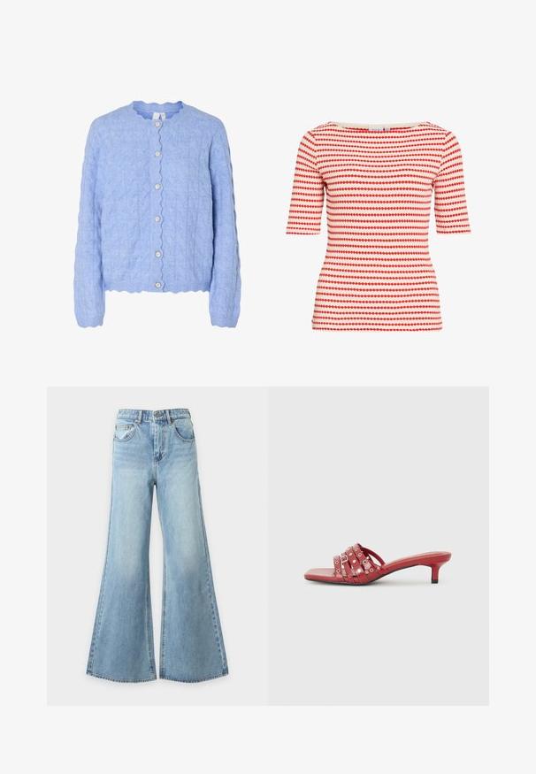 Cardigan de punto azul claro con un escote en forma de concha, que presenta un patrón de trenzas y cinco botones de aspecto perlado en la parte delantera.; Top ajustado de manga corta con filas horizontales de pequeñas formas de diamante rojas sobre un fondo blanco, escote redondo.; Vaqueros de mezclilla azul claro de pierna ancha con cierre frontal de botón y cremallera, trabillas para cinturón y bolsillos delanteros, exhibidos sobre un fondo liso.; Mules rojos de punta abierta con un tacón bajo, que presentan múltiples correas horizontales con acentos circulares. Acabado suave y brillante. Forma de punta cuadrada.