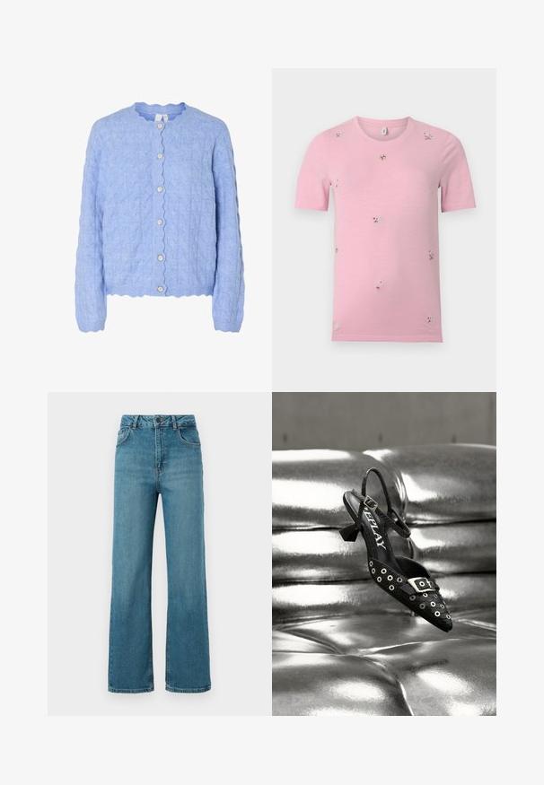 Hele sinise sooniga kampsun, millel on laineline kaelus, kroogitud muster ja viis pärlite moodi nööpi ees.; Roosa lühikeste varrukatega t-särk väikeste, hajutatud mitmevärviliste tikanditega lillemustritega, ümara kaelusega, ühevärvilise taustaga.; Kõrge vöökohaga sinised teksapüksid, millel on nööpidega kinnis, esimesed taskud ja laiad sirged sääred valgel taustal.; Must musta slingback-kinga terava varbaga, millel on hõbedased silmad ja pandla detail. Valmistatud tekstureeritud materjalist, väikese plokkkontsaga.
