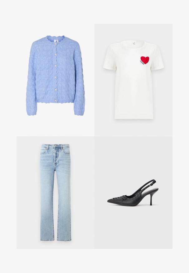 Lys blå strikket cardigan med en scallop-udskæring, der har et kabelmønster og fem perlelignende knapper foran.; Hvid T-shirt med korte ærmer, prydet med et rødt hjerte og ordet "AMOUR" trykt på venstre bryst.; Lys blå denim jeans med lige ben-design, featuring høj talje, klassisk fem-pockets stil, og subtil falmning.; Sorte læder slingback stiletto med spids tå, side spændebånd, nitter langs kanten og dekorativ snøring foran.