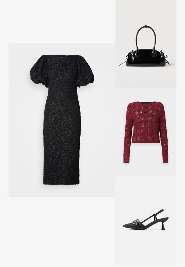 Cárdigan de punto burdeos con un patrón de tejido abierto texturizado, que presenta un escote redondo y cierre de botones en la parte delantera.; Vestido negro con mangas abullonadas, que presenta un patrón floral texturizado. El diseño es ajustado, con una silueta recta y escote cuadrado.; Simmi London DALA - Tacones - black; Pequeño bolso negro brillante con dos asas largas y detalles de cordón lateral sobre un fondo claro liso.