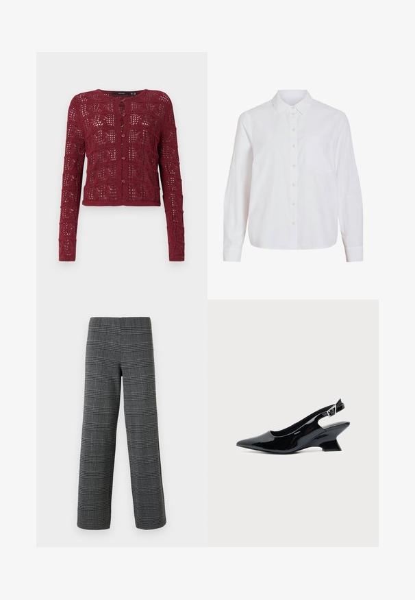 Cardigan en maille bourgogne avec un motif de points ouverts texturé, dotée d'un col rond et d'une fermeture à boutons sur le devant.; Chemise blanche à manches longues, boutonnage frontal, col classique, poche poitrine unique, confectionnée dans un tissu lisse et léger avec une coupe décontractée.; Vero Moda VMBERLIN WIDE PANT - Pantalon classique - dark grey/black; Chaussure slingback en cuir verni noir avec bout pointu et petit talon bloc incliné sur fond clair uni.