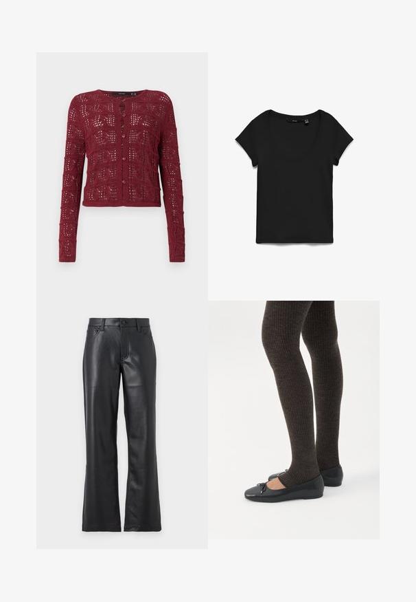 Bordeaux gebreide cardigan met een gestructureerd open steekpatroon, met een ronde halslijn en knoopsluiting aan de voorkant.; Zwart T-shirt met korte mouwen en ronde hals, plat gelegd op een witte achtergrond, met vooraanzicht en stoftextuur.; Zwarte leren broek met een uitlopende ontwerp, voorzien van echte zakken, riemlussen en een knoopsluiting. Gladde textuur met zichtbare stiksels.; Benen met donkere geribbelde leggings gecombineerd met zwarte ballerina's met kleine strikdetails op een witte achtergrond.