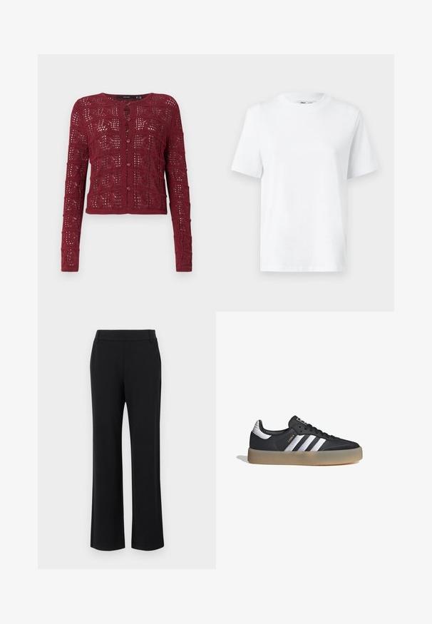 Cárdigan de punto burdeos con un patrón de tejido abierto texturizado, que presenta un escote redondo y cierre de botones en la parte delantera.; Camiseta de algodón blanca de cuello redondo con mangas cortas y una textura suave. Diseñada con un ajuste relajado para mayor comodidad y versatilidad.; Pantalones negros de pernera acampanada con una textura suave, cintura de altura media y bolsillos laterales. Diseño simple sin patrones ni adornos.; Zapatilla deportiva de cuero negro con tres rayas plateadas, punta texturizada y suela de goma. Cuenta con un collar acolchado y un diseño con cordones.