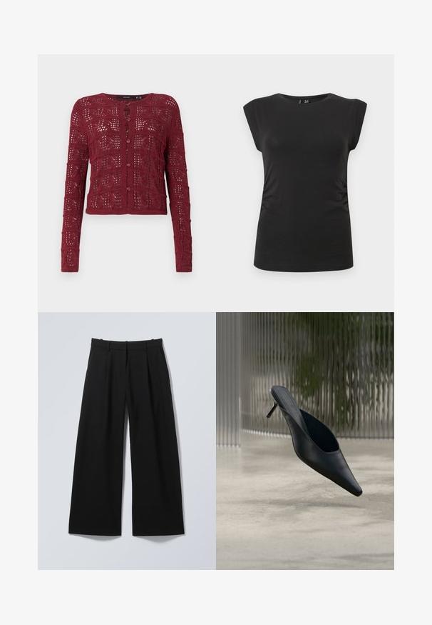 Bordeaux gebreide cardigan met een gestructureerd open steekpatroon, met een ronde halslijn en knoopsluiting aan de voorkant.; Zwarte, nauwsluitende mouwloze top met een ronde hals en lichte plooitjes aan de zijkanten, getoond op een effen lichte achtergrond.; Zwarte wijde broek met riemlussen, plooien aan de voorkant en zijzakken, plat uitgespreid op een lichte achtergrond.; Zwarte mule met puntige neus en dunne hoge hak, die boven een gladde betonnen vloer zweeft, met een wazige verticale gestreepte achtergrond.