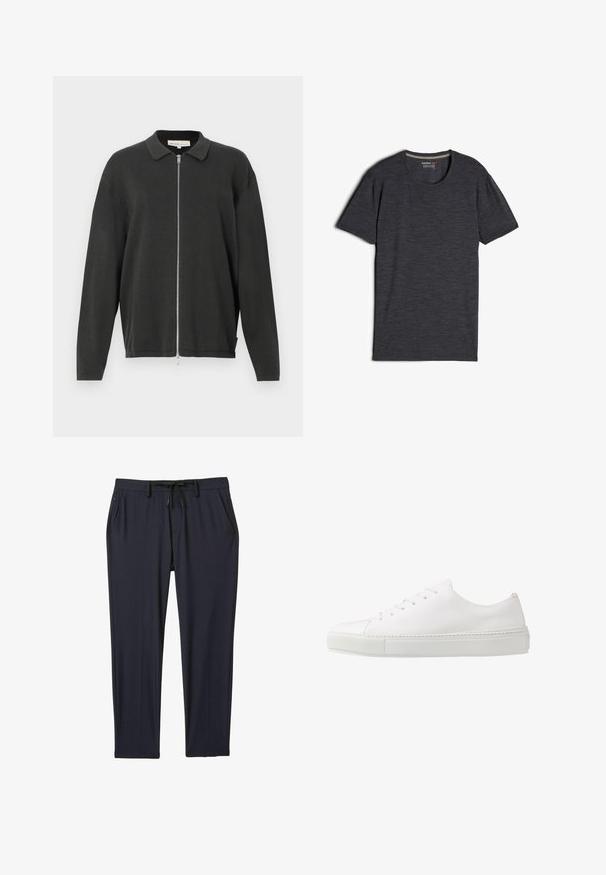 Sort langærmet strikket cardigan med krave og fuld længde sølvlynlås, let løs pasform, vist på en hvid baggrund.; Sort heather t-shirt med korte ærmer lavet af merinould, med rund halsudskæring og et glat, let tekstureret stof.; Marineblå sportsbukser lavet af strækbart stof, med elastisk talje og snøre, to sidelommer og lige ben.; Hvide lædersneakers med en glat finish, rund tå og seks øjer til snørebånd. Har en tekstureret gummisål og et minimalisk design.