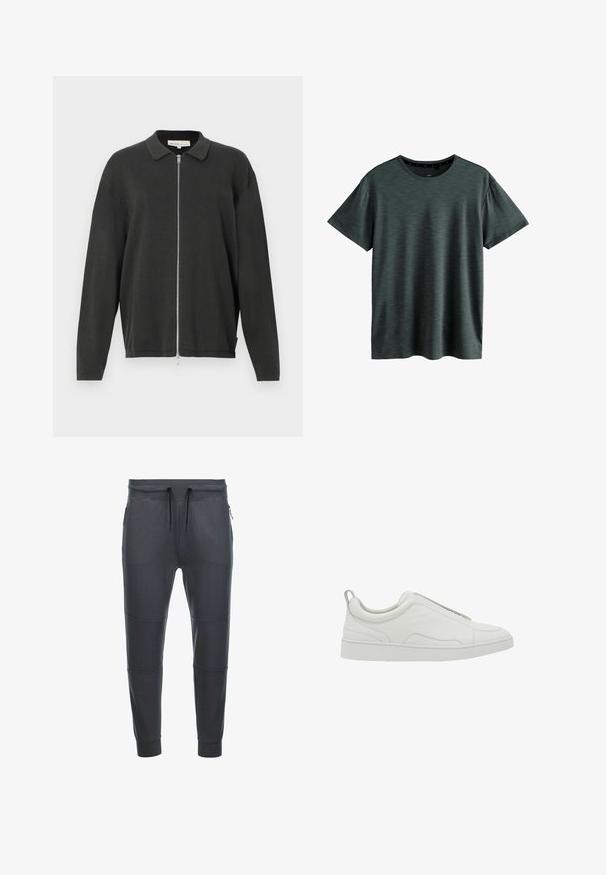 Sort langærmet strikket cardigan med krave og fuld længde sølvlynlås, let løs pasform, vist på en hvid baggrund.; Mørkeblå T-shirt lavet af blødt, struktureret stof. Har en klassisk rund hals og korte ærmer med et subtilt mønster. Ingen synlige logoer.; Mørkegrå sweatpants lavet af blødt stof, med en snoretræk i taljen, to lynlåslommer på siden og paneldetaljer på benene.; Hvid lavtop sneaker med slip-on design, polstret krave og trækstrop ved hælen, med en tyk gummisål og glat læderoverdel.
