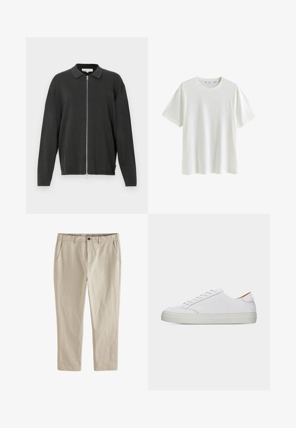 Sort langærmet strikket cardigan med krave og fuld længde sølvlynlås, let løs pasform, vist på en hvid baggrund.; Almindelig hvid T-shirt med korte ærmer og rund hals, vist på hvid baggrund, størrelse medium, med synlige tøjlabels indeni kraven.; Beige slim-fit bukser med frontknap og lynlås, sidelommer og bæltestropper, vist fladt mod en hvid baggrund.; Hvid lavtop lædersneaker med snørelukning, tyk sål og minimal syningsdetalje på en ensartet lys baggrund.