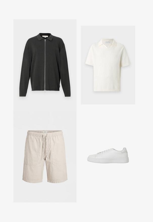Sort langærmet strikket cardigan med krave og fuld længde sølvlynlås, let løs pasform, vist på en hvid baggrund.; Kortærmet hvid strikket poloshirt med ribbet struktur og åben V-hals krave, vist fladt mod en lys baggrund.; Beige afslappede shorts med elastisk linning, forlommer og hvid snor til at stramme, vist på en ensfarvet baggrund.; Hvide sneakers lavet af glat læder med afrundet tå, syede detaljer og flad gummisål. Minimalistisk design med snørebånd.