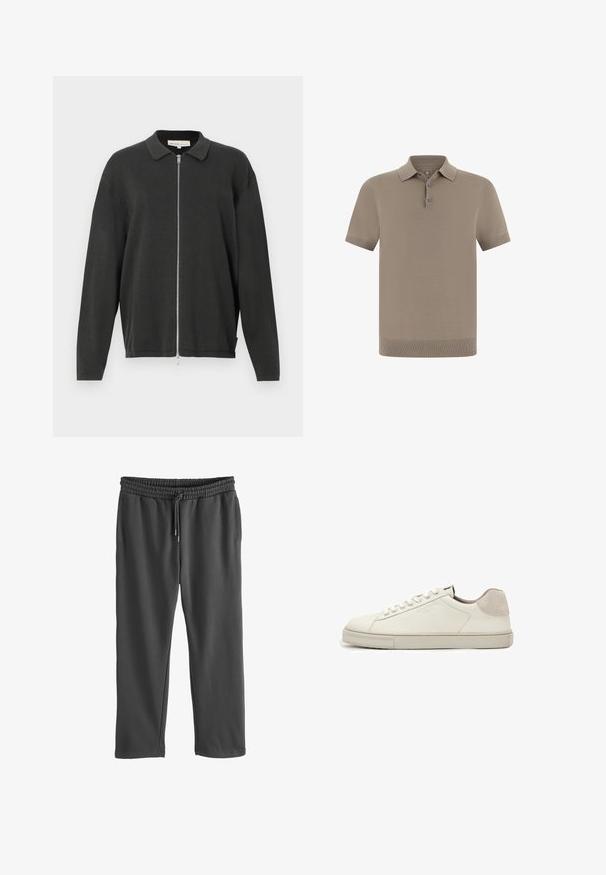 Sort langærmet strikket cardigan med krave og fuld længde sølvlynlås, let løs pasform, vist på en hvid baggrund.; Polo-shirt i taupe med en struktureret finish, korte ærmer og en krave. Har treknaps-lukning og ribbede manchetter.; Grå sweatpants med elastisk talje og justerbar snøre. Fremstillet af blødt stof, med sidelommer og en afslappet pasform.; Hvid lavtopet lædersneaker med hvide snørebånd, let struktureret sål og lys grå ruskinds-hælpatch, sideudsigt.