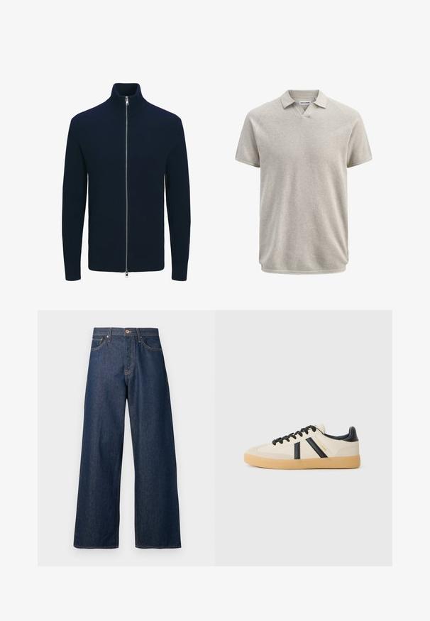 Sort ribbet lynlås sweater med høj krave og lange ærmer, udstyret med en sølv lynlås og en tætsiddende silhuet.; Kortærmet beige tekstureret polo med krave og let V-formet halsudskæring, mærket Jack & Jones.; Vidbenede jeans lavet af mørkt denim med orange syninger, som har fem lommer, en knaplukning foran og en lige silhuet.; Casual sneakers i creme med sorte striber, med en tekstureret overdel og sål i gummigummi. Snørebåndene er sorte. Diskret logo på siden.