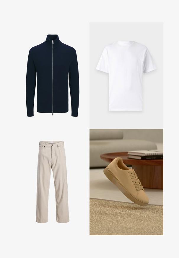 Sort ribbet lynlås sweater med høj krave og lange ærmer, udstyret med en sølv lynlås og en tætsiddende silhuet.; Hvid kortærmet t-shirt lavet af bomuld med rund hals, der har en glat tekstur og et simpelt design uden mønstre eller accenter.; Beige fløjl bukser med lige snit, der har en ribbet tekstur, fem-lomme design og knap-fly lukning.; Beige snørestøvler, der svæver over et tekstureret tæppe med et træ sofabord og stablede bøger i en sløret baggrund.