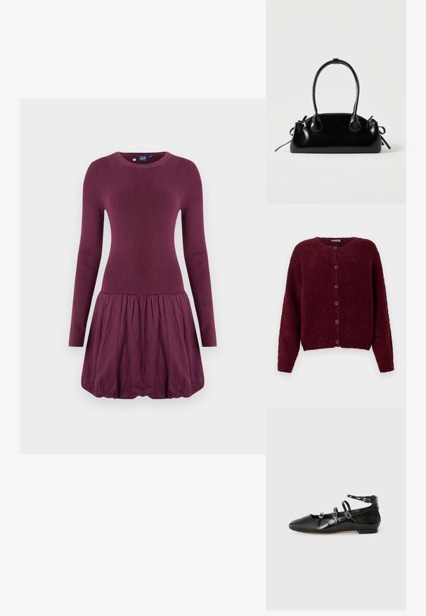 Bordeaux fuzzy knapkort cardigan med lange ærmer og rund halslinje mod en ensfarvet hvid baggrund.; Lilla kjole med ribbet overdel, lange ærmer og en rynket nederdel. Stoffet ser glat ud med en let tekstur.; ALDO NELTA - Ballerinasko - black; Lille sort blank håndtaske med to lange håndtag og snøre-detaljer i siden på en ensfarvet lys baggrund.