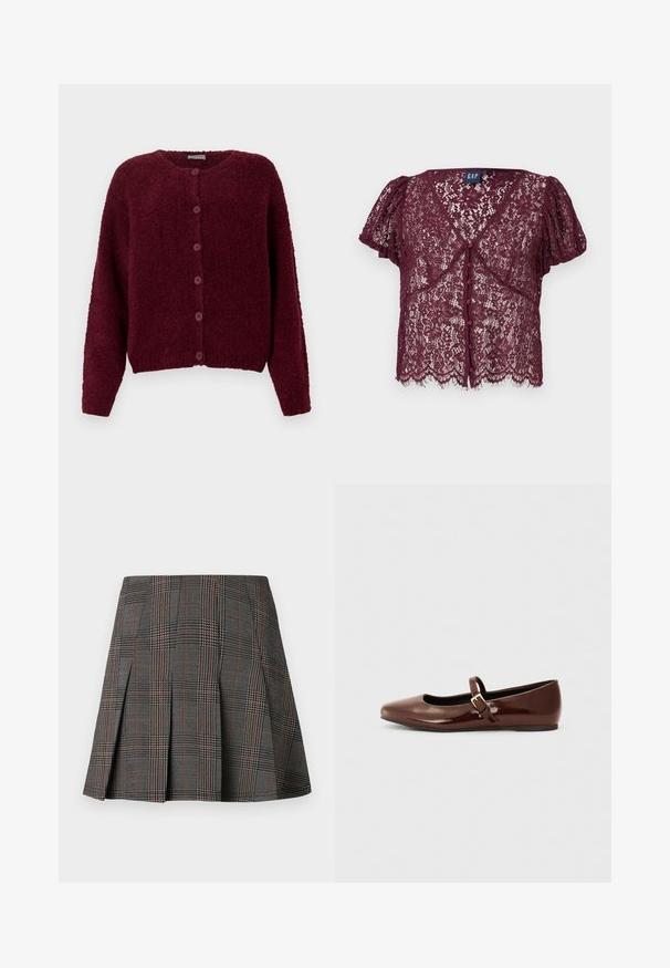 Bordeaux fuzzy knapkort cardigan med lange ærmer og rund halslinje mod en ensfarvet hvid baggrund.; Burgunderfarvet blondertop med korte pufærmer, V-halsudskæring og knaplukning. Har blomsterprint og en bølget kant.; Gråternet nederdel med plisseringer, prydet med intrikate mønstre i sort og hvid, akkompagneret af tynde røde linjer. Fremstillet af et struktureret stof.; Brun patentlæder balletflade med firkantet tå og strop med en lille guldbuckle. Glat tekstur, lav hæl og minimalistisk design.