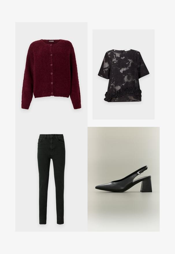 Bordeaux fuzzy knapkort cardigan med lange ærmer og rund halslinje mod en ensfarvet hvid baggrund.; Sort semi-gennemsigtig bluse med floralt jacquardmønster, korte ærmer, rund hals og flæsedetalje ved kanten.; Højtaljede sorte jeans i slim fit, lavet af denim med subtil struktur, med fem lommer og lukning foran med knap.; Sort lædersko med slingback, spids tå, sølvspænde og kraftig blokhæl på en neutral baggrund.