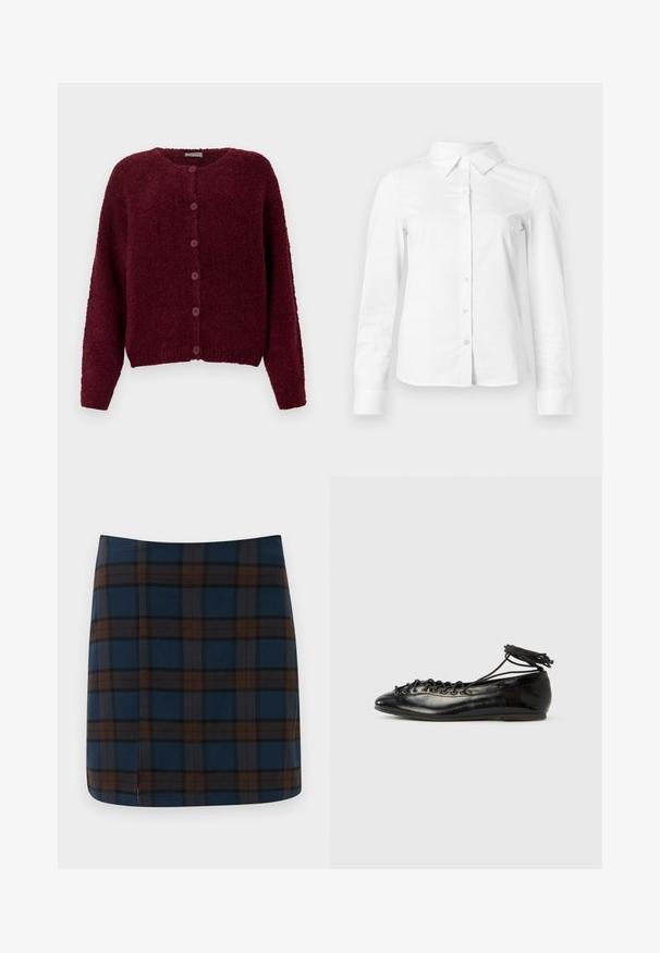 Bordeaux fuzzy knapkort cardigan med lange ærmer og rund halslinje mod en ensfarvet hvid baggrund.; Hvid skjorte med lange ærmer, knapper, spids krave, lige kant og tætsiddende silhuet, vist på en ensartet lys baggrund.; Marineblåternet mini nederdel med brune og grå striber, lavet af et glat stof, med en diskret slids bagpå for let bevægelse.; Sorte balletflade sko i laklæder med rundet tå, snørelukning og flad sål. Glat tekstur med få detaljer.