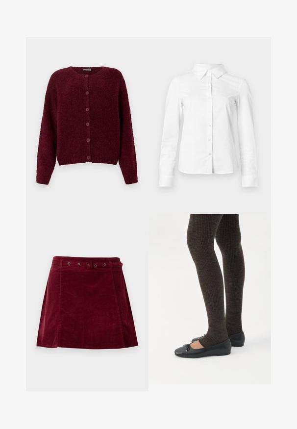Bordeaux fuzzy knapkort cardigan med lange ærmer og rund halslinje mod en ensfarvet hvid baggrund.; Hvid skjorte med lange ærmer, knapper, spids krave, lige kant og tætsiddende silhuet, vist på en ensartet lys baggrund.; Mørkerød kordnederdel med matchende bælte og metaløjer, med en let A-form og frontpaneldetalje.; Ben iført mørke ribbede leggings kombineret med sorte balletsko med små sløjfedetaljer på hvid baggrund.