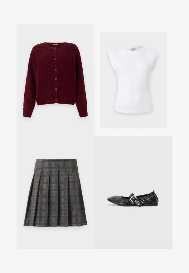 Bordeaux fuzzy knapkort cardigan med lange ærmer og rund halslinje mod en ensfarvet hvid baggrund.; Hvid ribbet ærmeløs top med polstrede skuldre og rund halsudskæring, størrelse small, mærket Topshop indvendigt i kraven.; Plisseret nederdel i et gråt ternet mønster, lavet af et tekstureret stof. Har lodrette pliser og en lige kant.; Sorte læder flade sko med spids tå, samling detaljer omkring åbningen, og en sølv spænde accent på den justerbare rem.