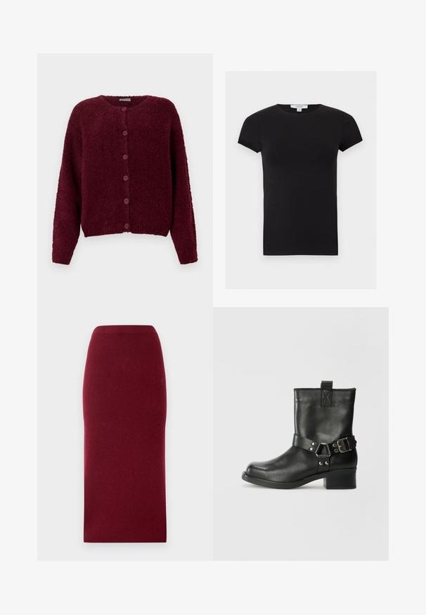 Bordeaux fuzzy knapkort cardigan med lange ærmer og rund halslinje mod en ensfarvet hvid baggrund.; Sort tætsiddende t-shirt med korte ærmer og rund halsudskæring, med et lille hvidt Topshop-mærke ved halsen.; Bordeaux strik midi-nederdel med en tætsiddende silhuet, glat tekstur og en talje. Ingen synlige sømme eller mønstre. Ensfarvet hele vejen igennem.; Samsøe Samsøe SABRENTA - Cowboy- / bikerstøvlette - black