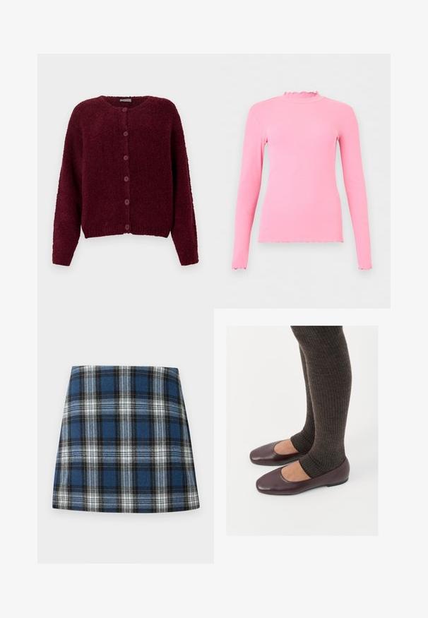Bordeaux fuzzy knapkort cardigan med lange ærmer og rund halslinje mod en ensfarvet hvid baggrund.; Pink langærmet ribbet top med flæsekant på krave, manchetter og kant, vist mod en ensartet lys baggrund.; Blåternet skørt med et varieret ternmønster i blå, sort og hvid. Fremstillet af et struktureret stof med en tætsiddende silhuet.; Burgunderrøde patenterede læder flade sko med firkantet tådesign, parret med mørkebrune ribbede strømpers der når til midten af læggen.