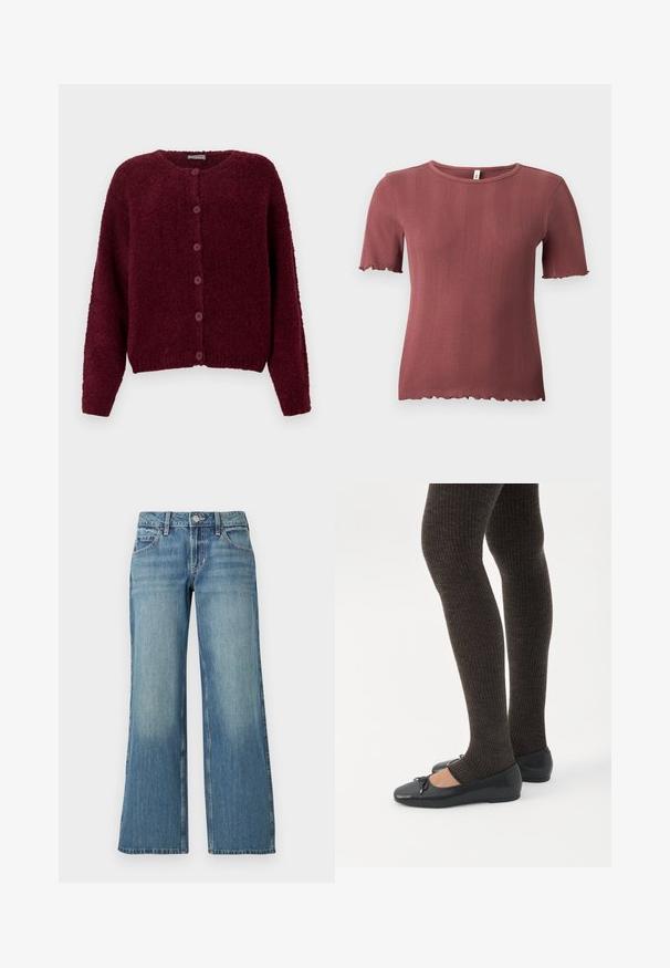 Bordeaux fuzzy knapkort cardigan med lange ærmer og rund halslinje mod en ensfarvet hvid baggrund.; Kortærmet, ribstrikket top i støvet rosa med rund hals og diskret salatkant ved ærmer og kant.; Lyseblå denimjeans med bred benform, der har en mellemhøj talje, forlommer og diskret falming, der viser en glat tekstur.; Ben iført mørke ribbede leggings kombineret med sorte balletsko med små sløjfedetaljer på hvid baggrund.