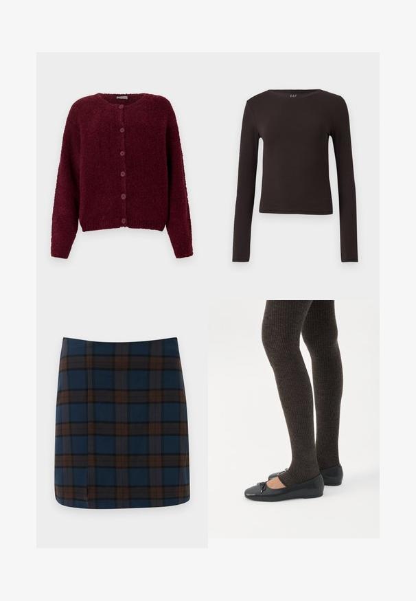 Bordeaux fuzzy knapkort cardigan med lange ærmer og rund halslinje mod en ensfarvet hvid baggrund.; Langærmet top i mørkebrune nuancer, fremstillet af blødt strækstof. Har en rund halsudskæring og en tætsiddende silhuet, hvilket gør den velegnet til lag-på-lag påklædning.; Marineblåternet mini nederdel med brune og grå striber, lavet af et glat stof, med en diskret slids bagpå for let bevægelse.; Ben iført mørke ribbede leggings kombineret med sorte balletsko med små sløjfedetaljer på hvid baggrund.