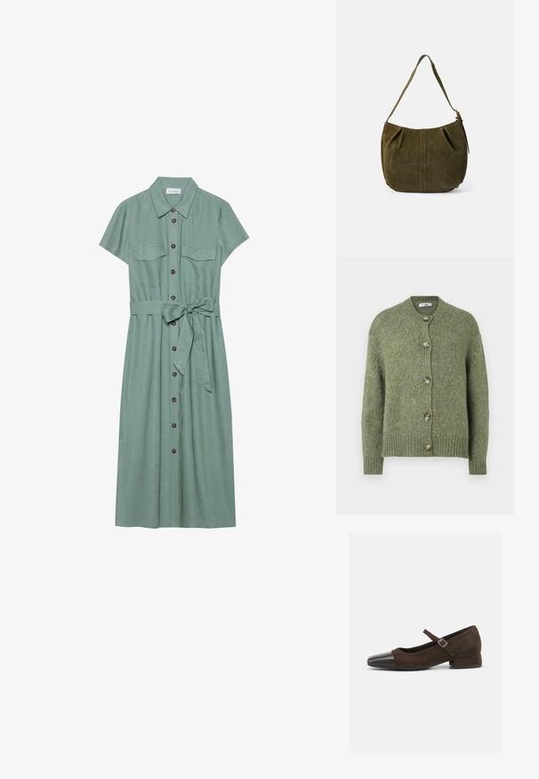 Groene gebreide cardigan met lange mouwen, ronde halslijn, geribbelde manchetten en zoom, en vijf schildpadknopen aan de voorkant.; Groene, kortärmige jurk van gestructureerde stof, met een knoopsluiting aan de voorkant, twee borstzakken en een strikceintuur in de taille.; Bruine suède Mary Jane-schoen met een zwarte lakleren neuskap, een verstelbare band en een lage blokhak. Gladde textuur met minimale accenten.; Schoudertas van olijfgroen suède met één riem, centrale naadvormgeving en een ritssluiting aan de zijkant, tegen een effen lichte achtergrond.