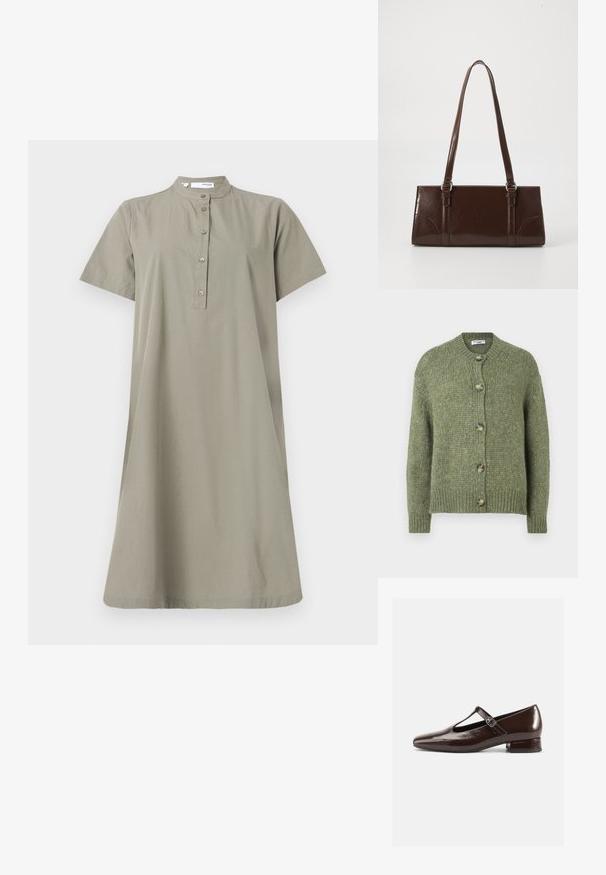 Grüner gestrickter Cardigan mit langen Ärmeln, rundem Halsausschnitt, gerippten Bündchen und Saum sowie fünf Knöpfen aus Schildpatt auf der Vorderseite.; Khaki Baumwollkleid mit kurzen Ärmeln, Stehkragen und Knopfleiste vorne; lockere Passform und knielange Silhouette.; Braune Mary-Jane-Schuhe aus Lackleder mit abgerundetem Zehenbereich, Cut-out-Design und verstellbarem Riemen. Niedriger Blockabsatz.; Braune Lackleder-Handtasche in rechteckiger Form, mit zwei langen Griffen und subtilen, geschwungenen Akzenten auf der Vorderseite.