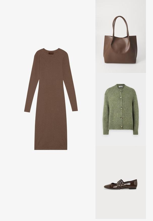 Grüner gestrickter Cardigan mit langen Ärmeln, rundem Halsausschnitt, gerippten Bündchen und Saum sowie fünf Knöpfen aus Schildpatt auf der Vorderseite.; Anna Field Jerseykleid - brown; Brauner Lackleder-Flachschuh mit spitzer Zehenpartie und drei verstellbaren Schnallenriemen an der Seite, von der Außenseite gezeigt.; Braune Leder-Tote mit zwei langen Tragriemen, strukturiertem Shape, glatter Textur und minimalistischem Design. Keine sichtbaren Beschläge oder Akzente.