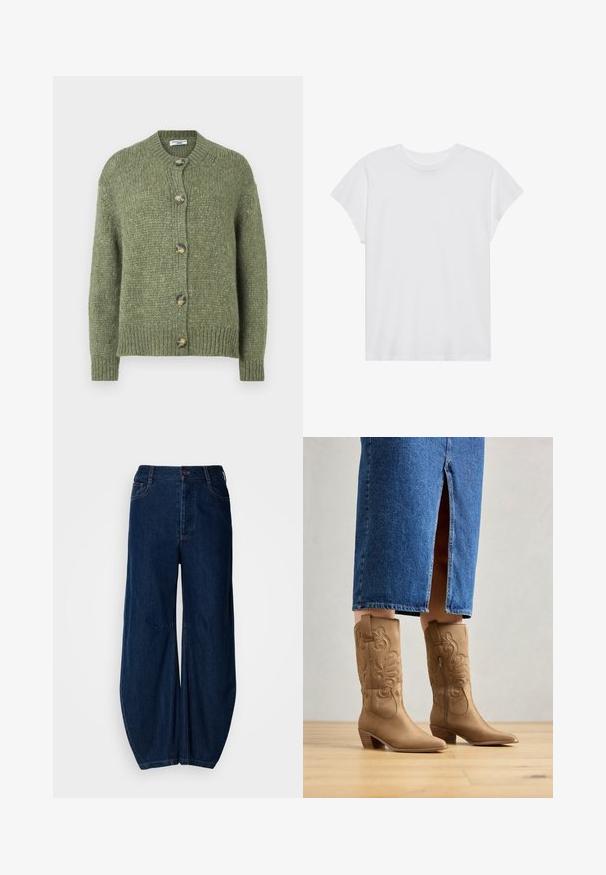 Grüner gestrickter Cardigan mit langen Ärmeln, rundem Halsausschnitt, gerippten Bündchen und Saum sowie fünf Knöpfen aus Schildpatt auf der Vorderseite.; Weißes kurzärmliges T-Shirt mit Rundhalsausschnitt, lockerer Passform, aus weichem Baumwollstoff. Glatte Textur, keine Muster oder Logos.; Dunkelblaue Jeans mit weitem Bein und hoher Taille, Knopfverschluss und zwei vorderen Taschen. Sie verfügt über eine glatte Textur und sichtbare Nähte.; Braune westernstil Stiefel mit dekorativer Stickerei, spitzer Zehenform und gestapeltem Absatz. Getragen mit einem knielangen Jeansrock, der die Stiefel zur Geltung bringt.
