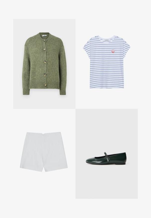 Groene gebreide cardigan met lange mouwen, ronde halslijn, geribbelde manchetten en zoom, en vijf schildpadknopen aan de voorkant.; Witte katoenen T-shirt met marineblauwe horizontale strepen, ronde halslijn en korte mouwen. Heeft een rode schelp borduursel op de linkerkant van de borst.; Witte shorts met een op maat gemaakte uitstraling, vlakke voorkant, twee zijzakken en een nette zoom. Gemaakt van een soepel materiaal zonder zichtbare patronen.; Donkergroene gepatineerde leren flatschoen met een enkele dunne band en kleine zilveren gesp, met een ronde neus en lage hak.