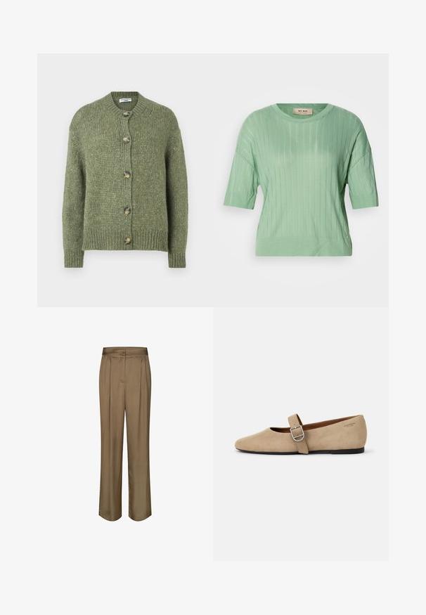 Grøn strikket cardigan med lange ærmer, rund halsudskæring, ribbede manchetter og kant, samt fem tortoise-mønstrede knapper ned ad fronten.; Mintgrøn kortærmet sweater med ribbet tekstur, rund halsudskæring og en let løs pasform. Har en lille logo accent på siden.; Brune, bredde benbukser lavet af glat stof, med frontfolder, høj talje og et enkelt, udekoreret design.; Beige ruskind Mary Jane flade sko med spids tå og et enkelt justerbart strop med en sølv spænde. Sort flad sål.