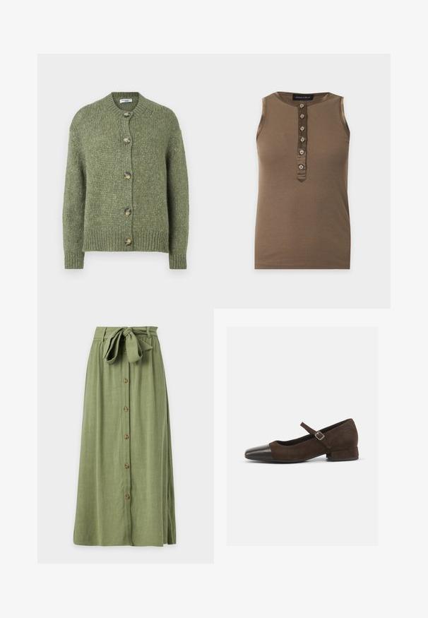 Grüner gestrickter Cardigan mit langen Ärmeln, rundem Halsausschnitt, gerippten Bündchen und Saum sowie fünf Knöpfen aus Schildpatt auf der Vorderseite.; Ärmelloses braunes, geripptes Tanktop mit sechs Knöpfen vorne und rundem Ausschnitt, Marke Anna Field.; Langer olivgrüner Rock mit Knöpfen vorne und einem breiten Stoffgürtel, der an der Taille zu einer Schleife gebunden ist.; Braune Wildleder-Mary-Jane-Schuhe mit einer schwarzen Lackleder-Zehenspitze, verstellbarem Riemen und einem niedrigen Blockabsatz. Glatte Textur mit minimalen Akzenten.