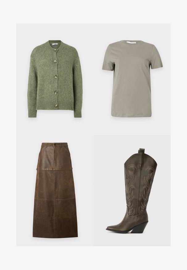 Groene gebreide cardigan met lange mouwen, ronde halslijn, geribbelde manchetten en zoom, en vijf schildpadknopen aan de voorkant.; Khaki t-shirt met korte mouwen gemaakt van zacht materiaal. Ronde hals; rechte zoom. Minimalistisch ontwerp zonder zichtbare patronen of accenten.; Bruine leren midi rok met een hoge taille, een voorzak en een zachte textuur met zichtbare stiksels.; Bruine leren cowboylaars met een spitse neus, wiggenhak en decoratieve borduursels. Heeft een hoge schacht en een trekriem.