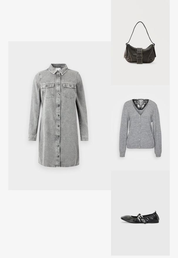 Grijze cardigan gemaakt van zacht breimateriaal, met een V-hals, parelknopen en een zwarte kantdetail bij de halslijn. Inclusief lange mouwen.; Grijze denim overhemdjurk met een kraag, lange mouwen, knopen aan de voorkant en twee borstzakken. Heeft een losse, rechte pasvorm.; Zwarte leren platte schoen met een spitse neus, geplooide details rond de opening en een zilveren gespaccentueerde verstelbare band.; Zwarte leren schoudertas met gespsluiting aan de riem, afgeronde hoeken en contrasterende witte stiksels op een effen achtergrond.