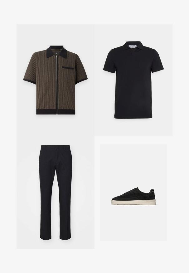 Chemise à manches courtes zippée en tissu rayé marron avec un col et une poche noirs, présentant un matériau texturé et des détails de ourlet côtelés.; Polo noir à manches courtes avec un col classique, fabriqué en tissu lisse. Présente une étiquette avec le nom de la marque 'Filippa K' au niveau de l'encolure.; Pantalon bleu marine avec une coupe ajustée, fabriqué en tissu lisse. Il présente un devant plat, des passants de ceinture et des jambes droites avec un ourlet soigné.; Baskets basses en daim noir avec lacets noirs et semelle blanche en caoutchouc, vue latérale sur fond gris clair uni.