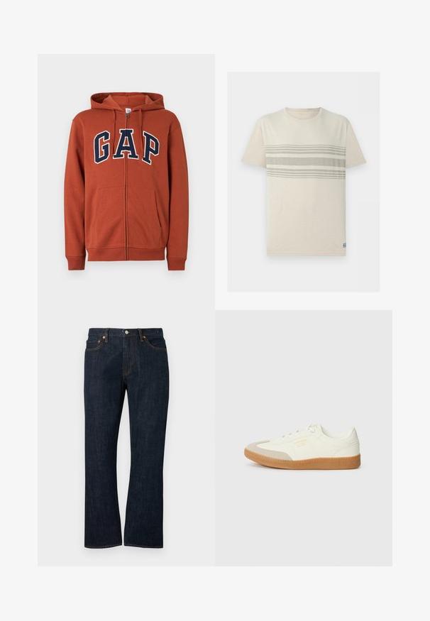 Sweat à capuche zippé couleur rouille, avec poches avant et lettres "GAP" bleu marine soulignées de blanc sur la poitrine.; T-shirt beige à manches courtes avec col rond, présentant trois bandes horizontales gris clair sur la poitrine.; Jean droit en denim bleu foncé avec poches avant, rivets en cuivre et fermeture par bouton.; Baskets en cuir blanc avec une coque beige et une semelle en caoutchouc marron clair. Dotées de lacets blancs plats et d'un logo embossé sur le côté.