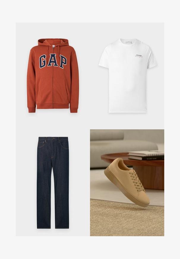 Sweat à capuche zippé couleur rouille, avec poches avant et lettres "GAP" bleu marine soulignées de blanc sur la poitrine.; T-shirt blanc à manches courtes et col rond avec un petit texte noir et rouge indiquant "GOOD MUSIC Sound of Soul" sur la partie supérieure gauche de la poitrine.; Jean en denim bleu foncé à jambes droites avec poches avant et arrière, un bouton et des passants pour ceinture.; Baskets beiges à lacets flottant au-dessus d'un tapis texturé avec une table basse en bois et des livres empilés en arrière-plan flou.