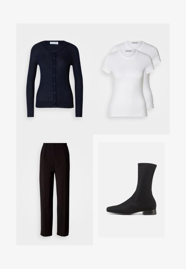 Marineblå rillede cardigan lavet af let materiale, med rund hals, lange ærmer og en fuld knappelukning med seks knapper.; To hvide bomulds t-shirts med korte ærmer, rund halsudskæring og en tætsiddende silhuet, der viser en glat tekstur og et minimalistisk design.; Sorte skræddersyede bukser med et lige ben-design, der har en glat tekstur, frontplisseringer og en høj talje for et struktureret udseende.; Sort ankelstøvle med en glat, elastisk overdel og en lav, lagdelt hæl. Har en spids tå og et sømløst design.