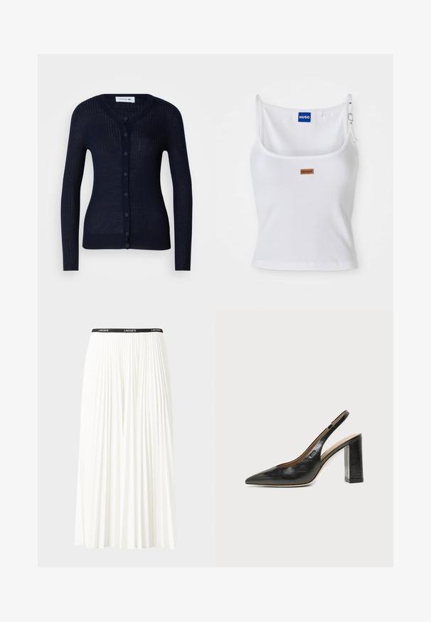 Marineblå rillede cardigan lavet af let materiale, med rund hals, lange ærmer og en fuld knappelukning med seks knapper.; Hvid ribbet tanktop med justerbare stropper, der har et blåt logo-label og et lille brunt tag, fremstillet af blødt, strækbart materiale.; Plisseret hvid nederdel med en sort elastisk talje, der har "LACOSTE"-logoet. Mellemlang design med blød tekstur.; Sort læder peep-toe slingback sko med høj blokhæl og beige indvendig foring mod en ensfarvet lys baggrund.