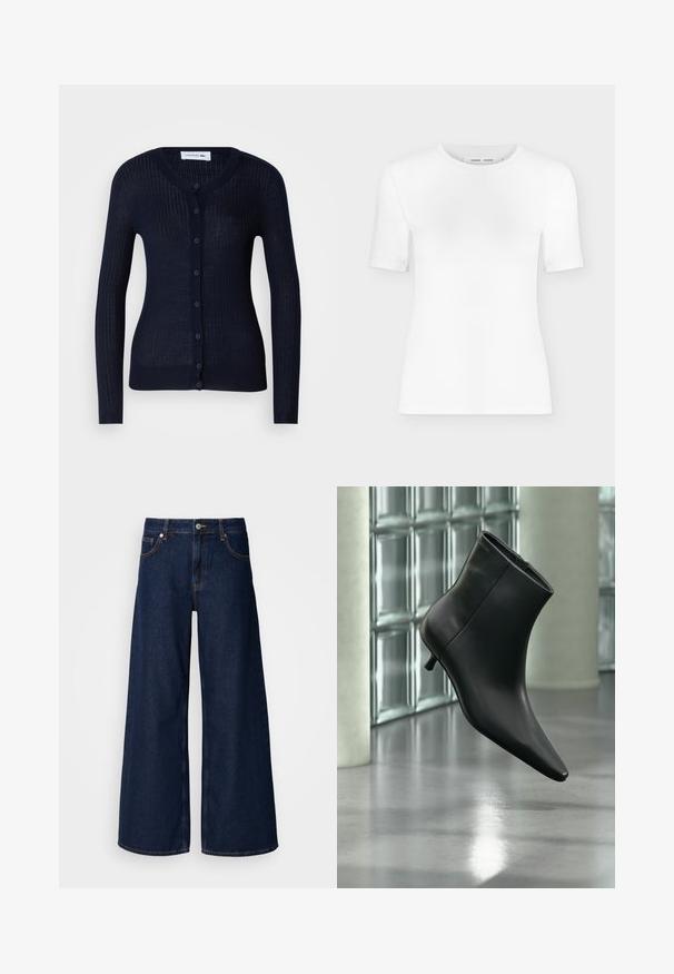 Marineblå rillede cardigan lavet af let materiale, med rund hals, lange ærmer og en fuld knappelukning med seks knapper.; Hvid T-shirt med rund hals, korte ærmer, slank pasform og ribbet stofstruktur, vist på en ensfarvet lys grå baggrund.; Bredde ben mørkeblå denimbukser med høj talje, frontlommer og knaplukning. Har kontrastsyninger og en glat tekstur.; Sort læderankelstøvle med spids tå og lav kitten-hæ, vist vinklet mod en poleret gulv- og glasblokvæg.