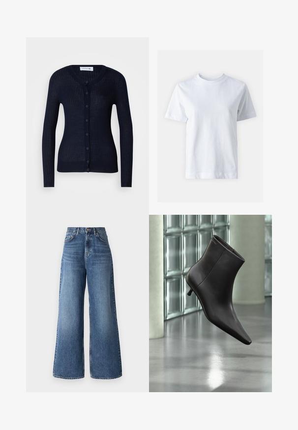 Dunkelblauer gerippter Cardigan aus leichtem Material, mit Rundhalsausschnitt, langen Ärmeln und einer durchgehenden Knopfleiste mit sechs Knöpfen.; Weißes Baumwoll-T-Shirt mit Rundhalsausschnitt, kurzen Ärmeln, gerader Schnittführung und glatter Textur. Keine Muster oder Verzierungen.; Hochtaillierte, lässige Jeans aus hellblauem Denim mit einem klassischen Fünf-Taschen-Design und dezentem Verblassen entlang der Beine.; Schwarzer Leder-Knöchelstiefel mit spitzer Spitze und kleinem Absatz vor einer Wand aus Glasbausteinen und einem polierten Boden.