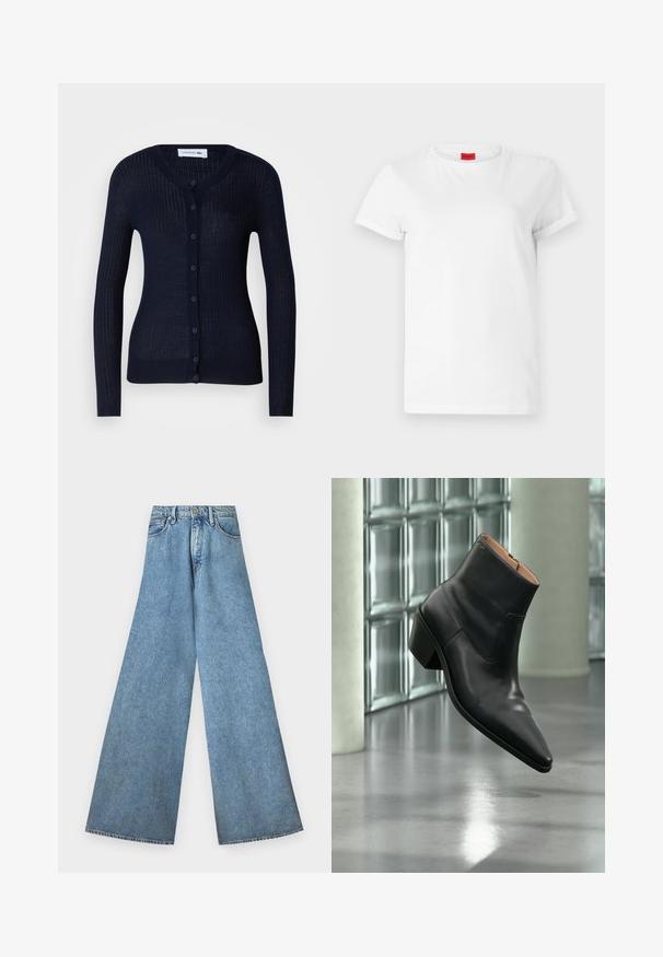 Dunkelblauer gerippter Cardigan aus leichtem Material, mit Rundhalsausschnitt, langen Ärmeln und einer durchgehenden Knopfleiste mit sechs Knöpfen.; Weißes Kurzarm-T-Shirt aus leichtem Baumwollstoff. Hat einen runden Halsausschnitt und umgeschlagene Ärmel. Rotes Logo-Tag am Kragen.; Good American PANELED WIDE LEG - Wide Leg - indigo; Schwarzer Leder-Stiefelette mit spitzer Schuhspitze und Blockabsatz, der über einem reflektierenden grauen Boden nahe einer Glassteinwand schwebt.