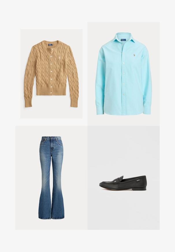 Beige kabelstrikket cardigan med rund halsudskæring, knaplukning foran og lange ærmer. Har ribbet manchetter og kant samt lille broderet logo.; Lyseblå skjorte med lange ærmer, knapper og krave, med en lille broderet logo på venstre bryst.; Højtaljede blå jeans i denim med klokkeformede ben og let falmet område foran på låret, vist mod hvid baggrund.; Sort læderloafer med tekstureret finish, penny keeper-detalje, slank profil, diskret branding på siden og lav, flad hæl.