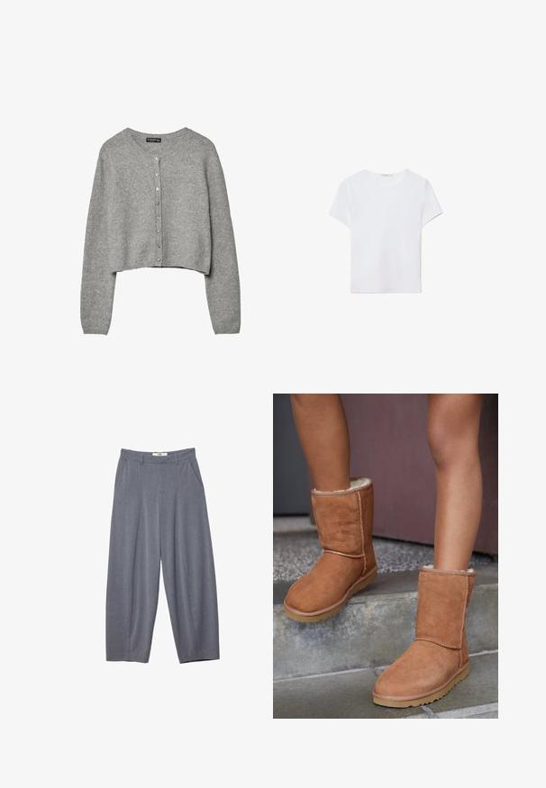 Cardigan court gris avec manches longues et encolure ronde, doté d'une fermeture boutonnée sur le devant.; T-shirt blanc à manches courtes en tissu doux. Dispose d'un col rond et d'un design simple et épuré avec un ourlet droit.; Stradivarius SMART BAGGY WITH SEAM DETAIL - Pantalon classique - grey; Bottines en suede marron, à bout rond, avec une doublure douce et une semelle en caoutchouc, présentant des détails de couture visibles le long des coutures.