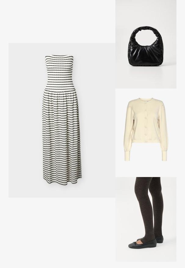 Cárdigan de punto color crema con cuello redondo, mangas largas, puños de canalé y cierre delantero con botones grandes y lisos.; Vestido sin tirantes hasta el suelo con cintura fruncida, con rayas horizontales texturizadas en blanco y negro.; Piernas con leggings oscuros acanalados combinados con bailarinas negras que presentan pequeños detalles de lazo sobre un fondo blanco.; Bolso negro acolchado con un asa redondeada, que presenta una superficie lisa y brillante y una textura suave y acolchada. Sin herrajes ni acentos visibles.