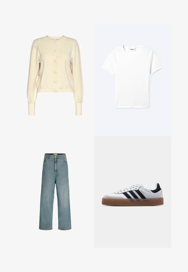 Cárdigan de punto color crema con cuello redondo, mangas largas, puños de canalé y cierre delantero con botones grandes y lisos.; Camiseta blanca lisa de manga corta con cuello redondo y una pequeña etiqueta "WEEKDAY" dentro del cuello, mostrada extendida sobre un fondo claro.; Vaqueros de pierna ancha y tiro alto en azul claro, con cierre frontal de botones, trabillas para cinturón y diseño clásico de cinco bolsillos.; Zapatillas de cuero blancas con rayas negras, suela de goma, puntera redonda, cierre de cordones y caperuza de ante gris suave.